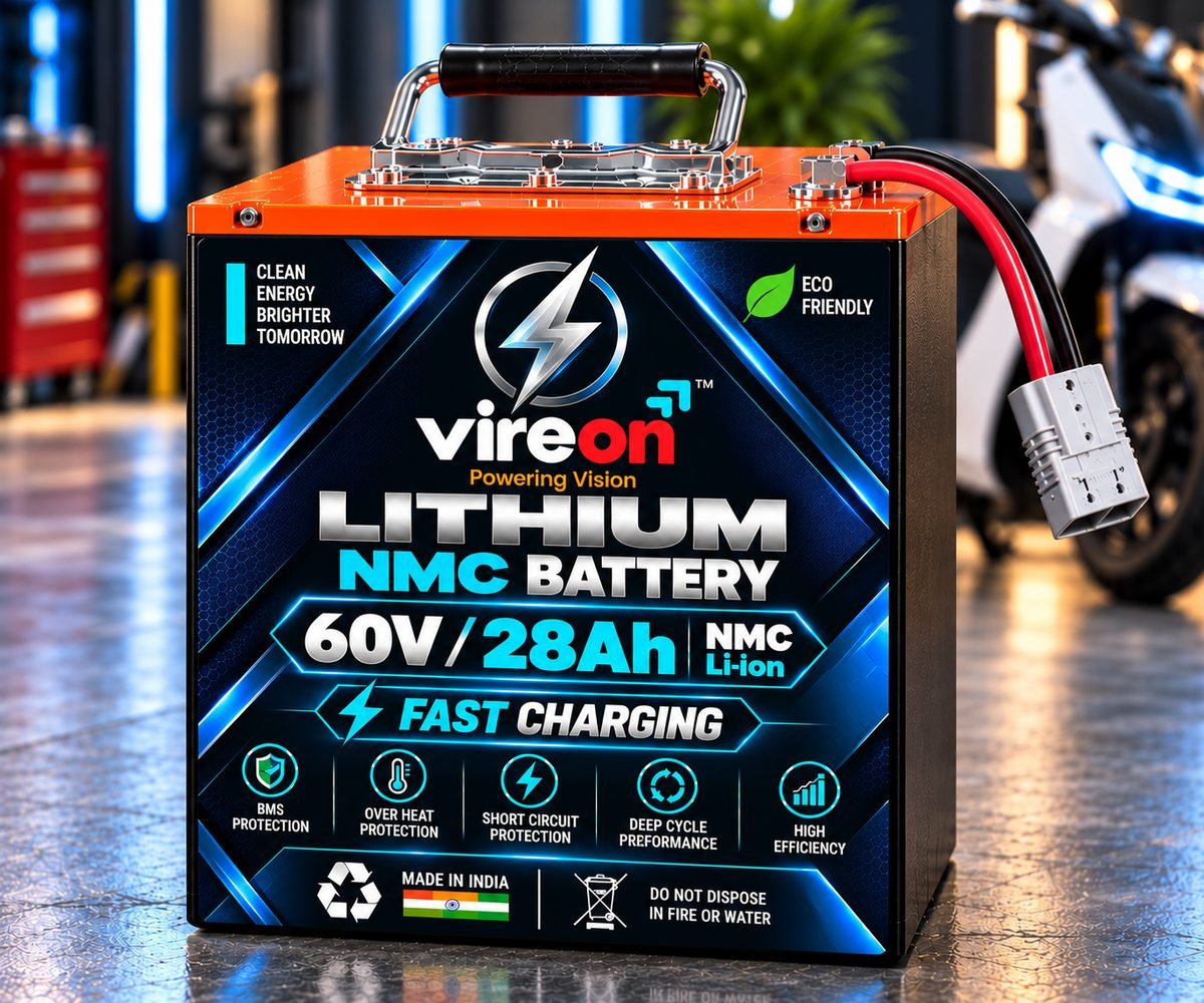 Vireon Lithium NMC 60V 28Ah battery with orange lid, carry handle and connector, next to an electric scooter